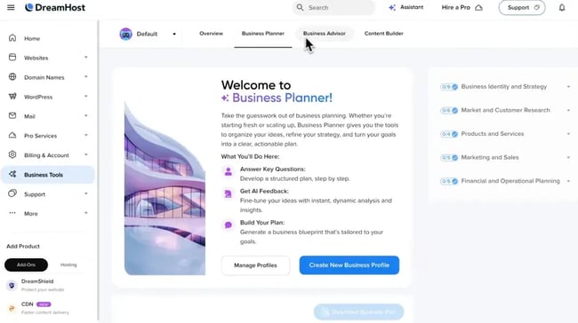 dreamhost web hosting dashboard, blog hosting