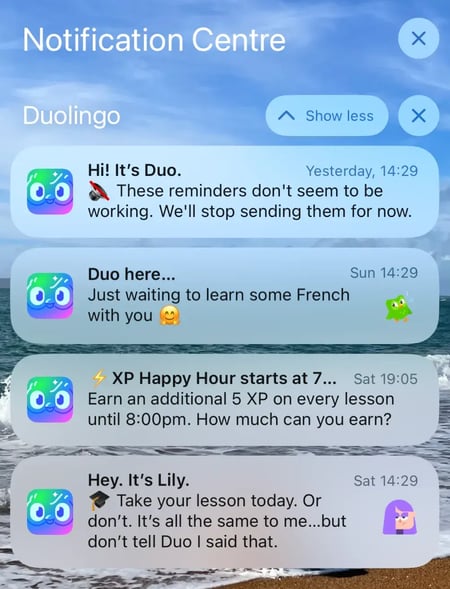 duolingo brand identity  examples of push notifications