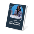 A woman wearing a headset is writing in a notebook while sitting at a desk with a laptop and a mug, with a blue background featuring a styled design for a sales training plan template.