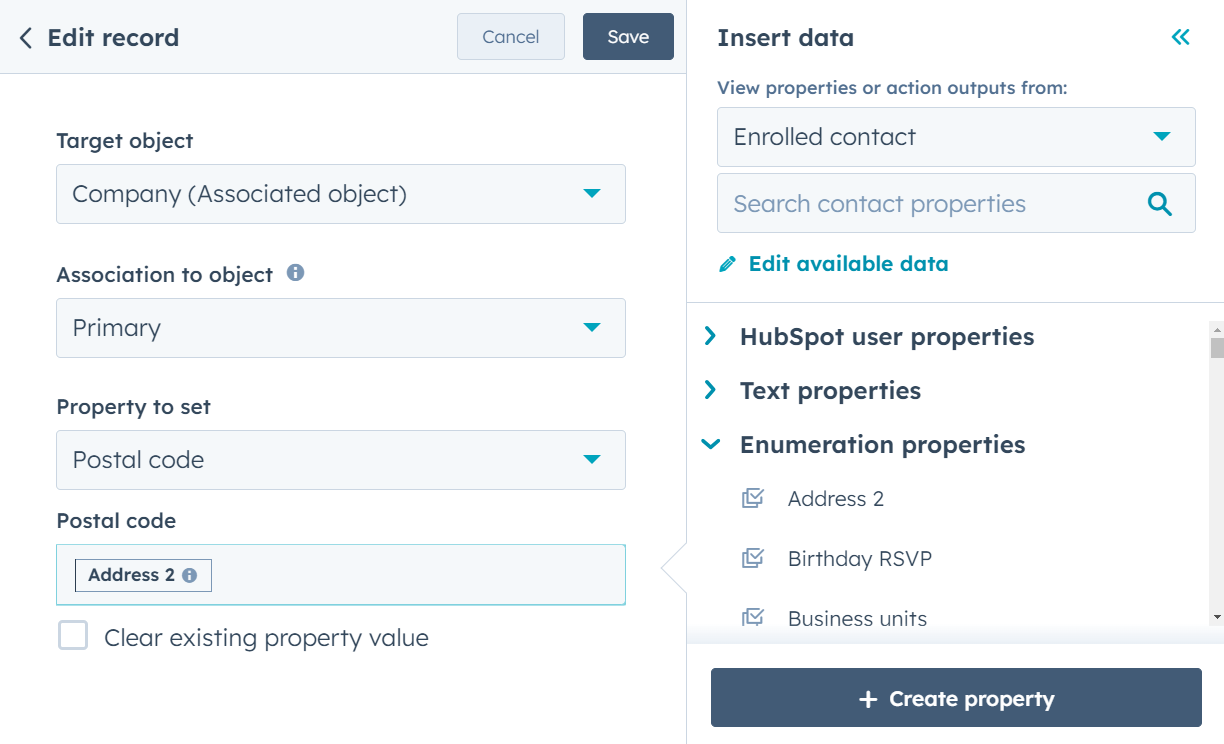 Captura de tela da ação 'Editar registro' do HubSpot em um fluxo de trabalho com um menu suspenso definido como 'CEP' e o campo 'Endereço 2' selecionado. O contato registrado está selecionado para copiar dados.