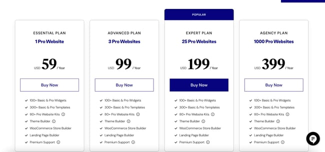 Elementor vs Gutenberg: Elementor pricing as outlined on their website for the four different tiers. 