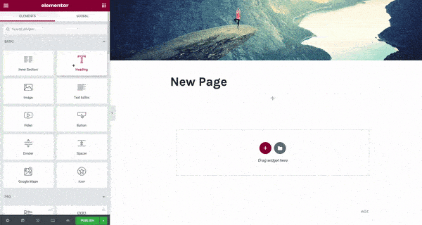 elementor wordpress: How to use Elementor with WordPress  User drag-and-dropping a heading widget into an editable column inside the Elementor page editor 