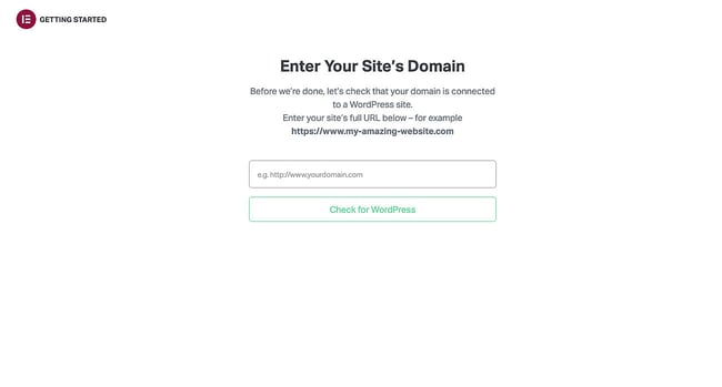 elementor wordpress: How to use Elementor with WordPress  how to install elementor via elementor.com: Elementor installation wizard prompting users to enter their website domain to check whether it's hosted on WordPress