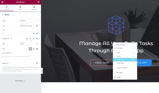 elementor interface: right click element
