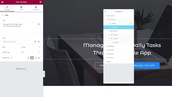 elementor interface: navigator feature