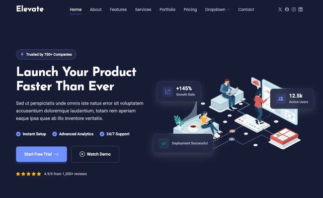 elevate template for landing page using html and css