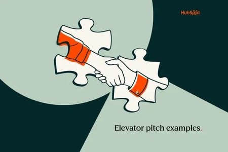 illustration of two hands connecting puzzle pieces with elevator pitch examples text