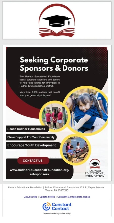email from the radnor educational foundation, soliciting corporate sponsors and donors