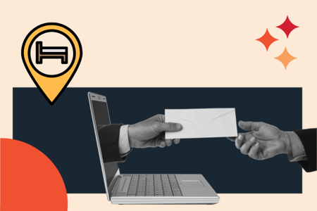 email marketing for hotels represented by mail being transferred through a laptop and a hotel location pin