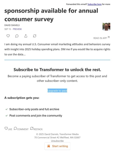 email offering sponsorship of an annual consumer survey from transformer by david daniels