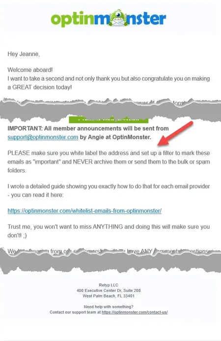 email whitelist message in an onboarding email i received from optinmonster