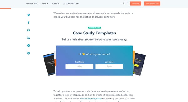 email capture, free case study templates as a lead magnet on the HubSpot Blog
