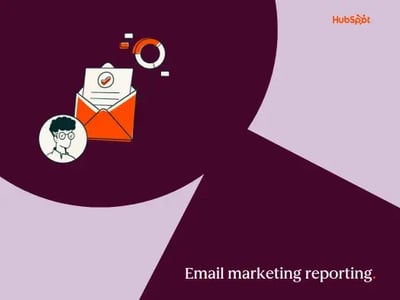 a hubspot-branded featured image graphic with a lilac background and burgundy-colored geometric shapes in the foreground, with the words “email marketing reporting” in the bottom right-hand corner and a pictogram graphic in the upper left-hand corner