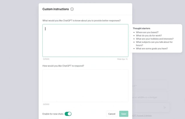 chat gpt training, custom instructions