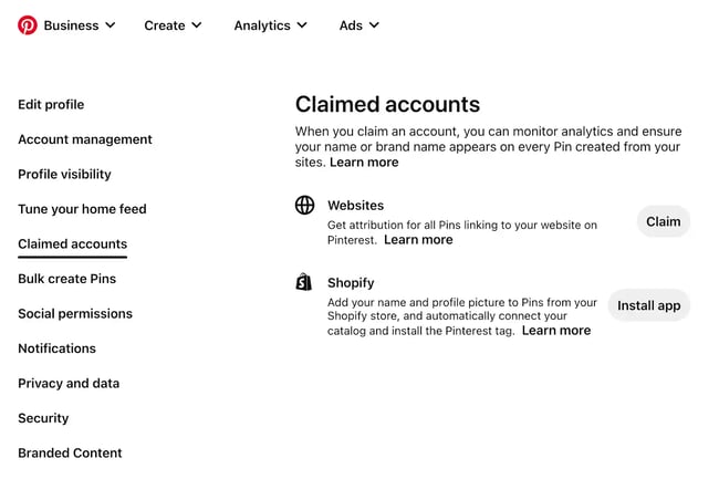 how to confirm your wordpress website on pinterest, click claim.