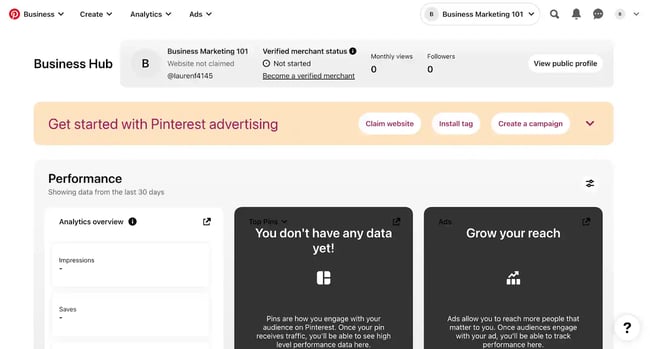 how to confirm your website on pinterest, click claim website.
