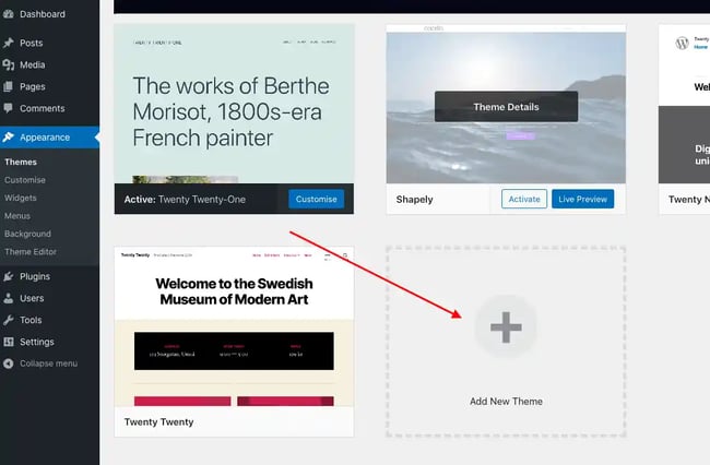 how to change wordpress theme, go to appearance, themes, and add new theme