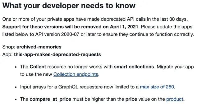 api versioning communcation message example from shopify
