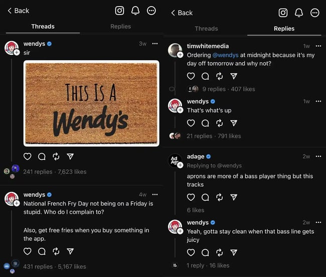 top brands on threads, wendys