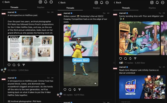 top brands on threads, marvel