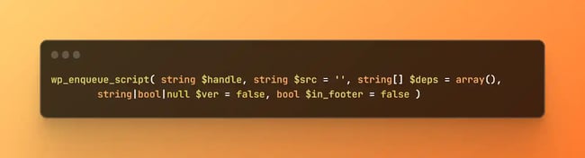 wp_enqueue_script code,wp_enqueue_script( string $handle, string $src = , string[] $deps = array(), string|bool|null $ver = false, bool $in_footer = false )