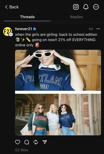 top brands on threads, forever 21