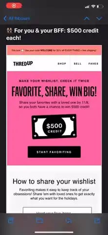 ThredUp featuring a GIF emphasizing the opportunity for email recipients to win $500 of credit with the store.