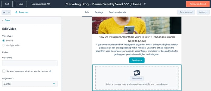 How to embed a video in an email, using URL or uploaded video in ̽ѡ email tool video hubspot select