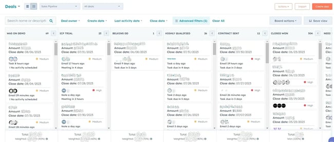 enterprise contact managmenet, a section of customized pipeline stages on hubspot crm