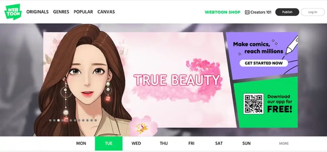 entertainment website examples, webtoon