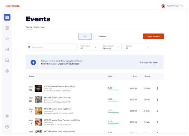 eventbrite platform showing a list of kitchen master class events for consumer event registration. details include sold tickets and revenue.