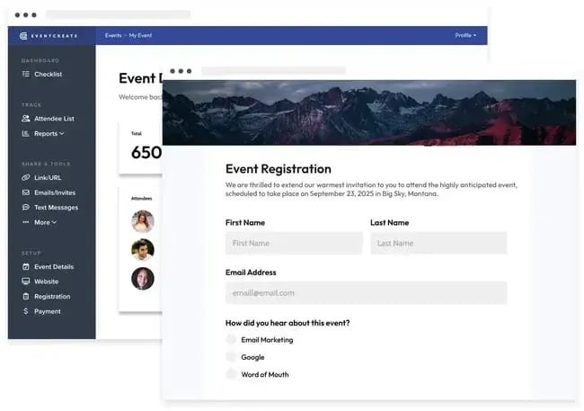 eventcreate platform dashboard and consumer event registration form, showcasing the smooth eventcreate signup process.