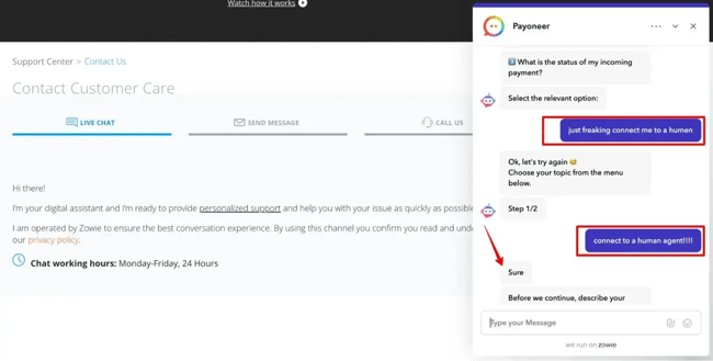 example of ai in customer service, payoneer