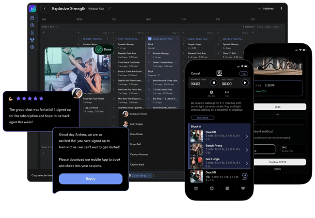 best gym crm: Exercise.com platform showing workout delivery, member progress tracking, and custom-branded mobile app