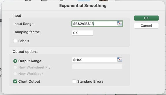 sales forecasting in excel, exponential smoothing step 4