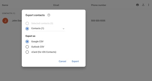 exporting csv files on google contacts