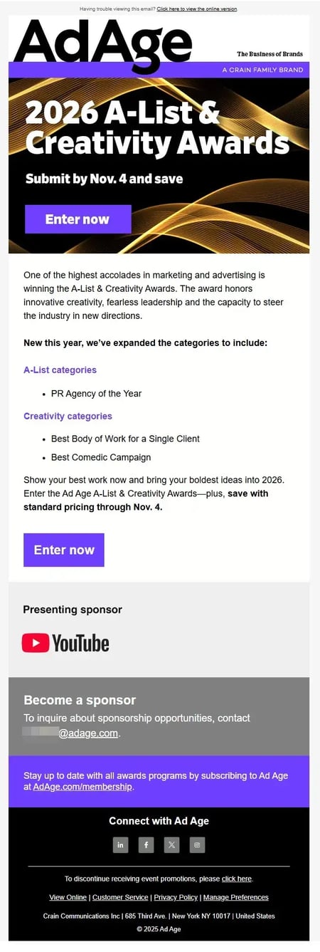 sponsorship email example from ad age for the 2026 a-list and creativity awards, with mention of sponsorship