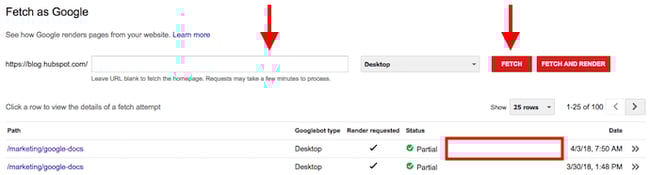 Fetch as Google table in Google Search Console with previous website fetch requests
