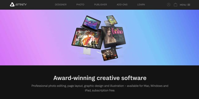 Figma alternatives: Affinity Designer. Image shows Affinity Designer's website homepage. 