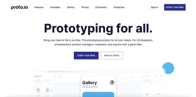 Figma Alternatives: Proto.io. Image shows Proto.io's website homepage. 