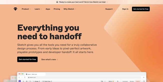 Figma Alternatives: Sketch. Image shows Sketch's homepage. 