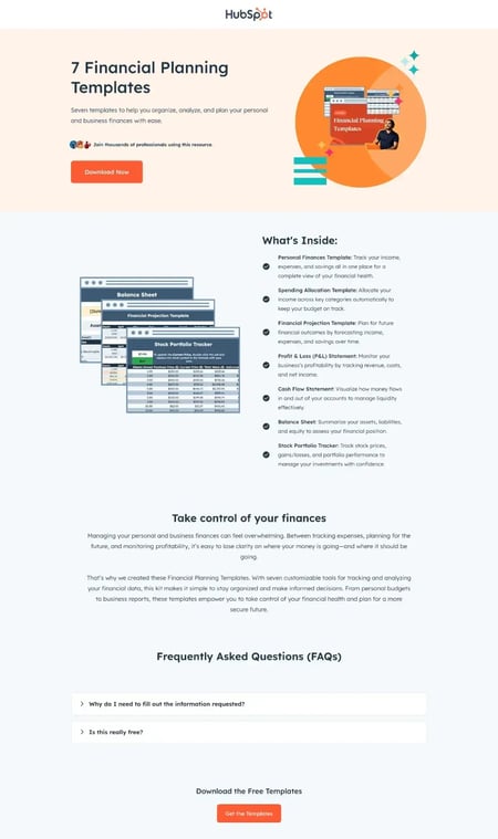 financial planning templates landing page, hubspot