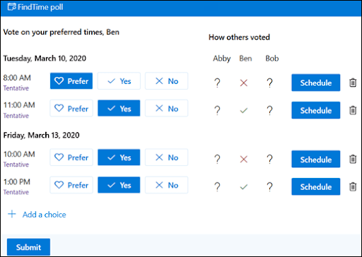 Microsoft Findtime meeting poll with three responses from invitees