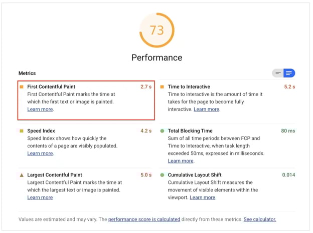 Lighthouse First Contentful Paint performance report