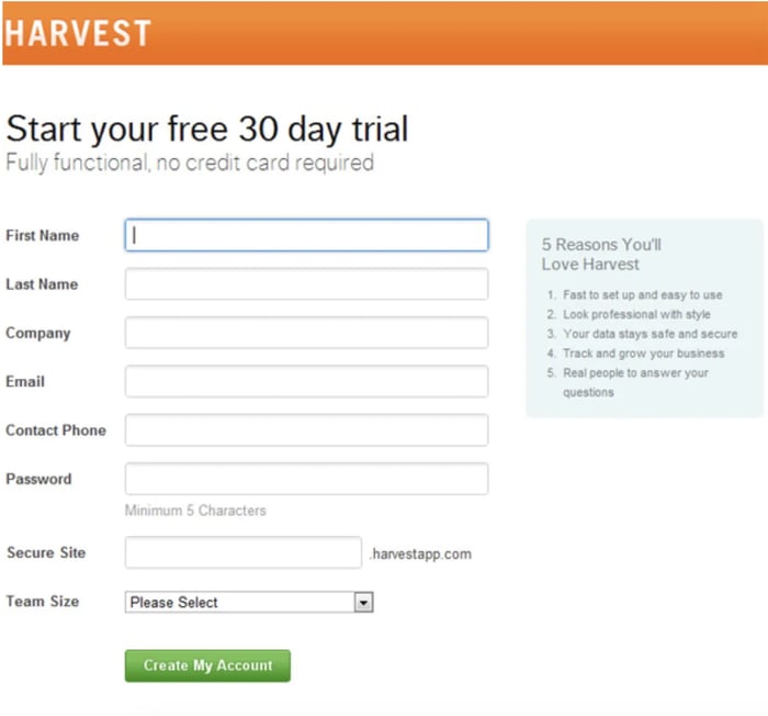 web form examples: Harvest
