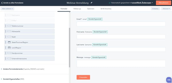 HubSpot Formulardesigner für Webinar-Anmeldung mit Drag-and-Drop-Bearbeitung und Formularfeldern wie Nachname Email Telefonnummer sowie Kontakt-Eigenschaften zum Einbinden von CRM-Daten