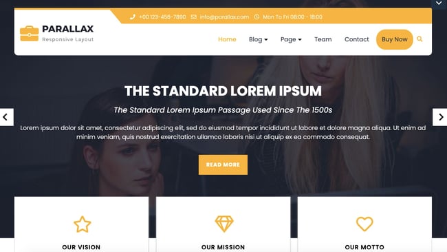 free VW Parallax theme demo features image slider and navbar