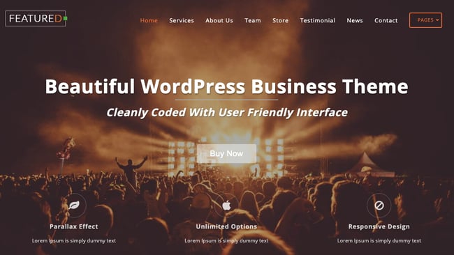 free parallax theme Featuredlite features full-width image with text overlay