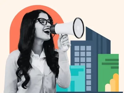 Smiling woman uses megaphone next to illustration of buildings