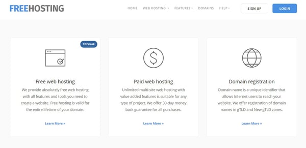 the freehosting.com homepage that reads "free web hosting, paid web hosting, and domain registration"